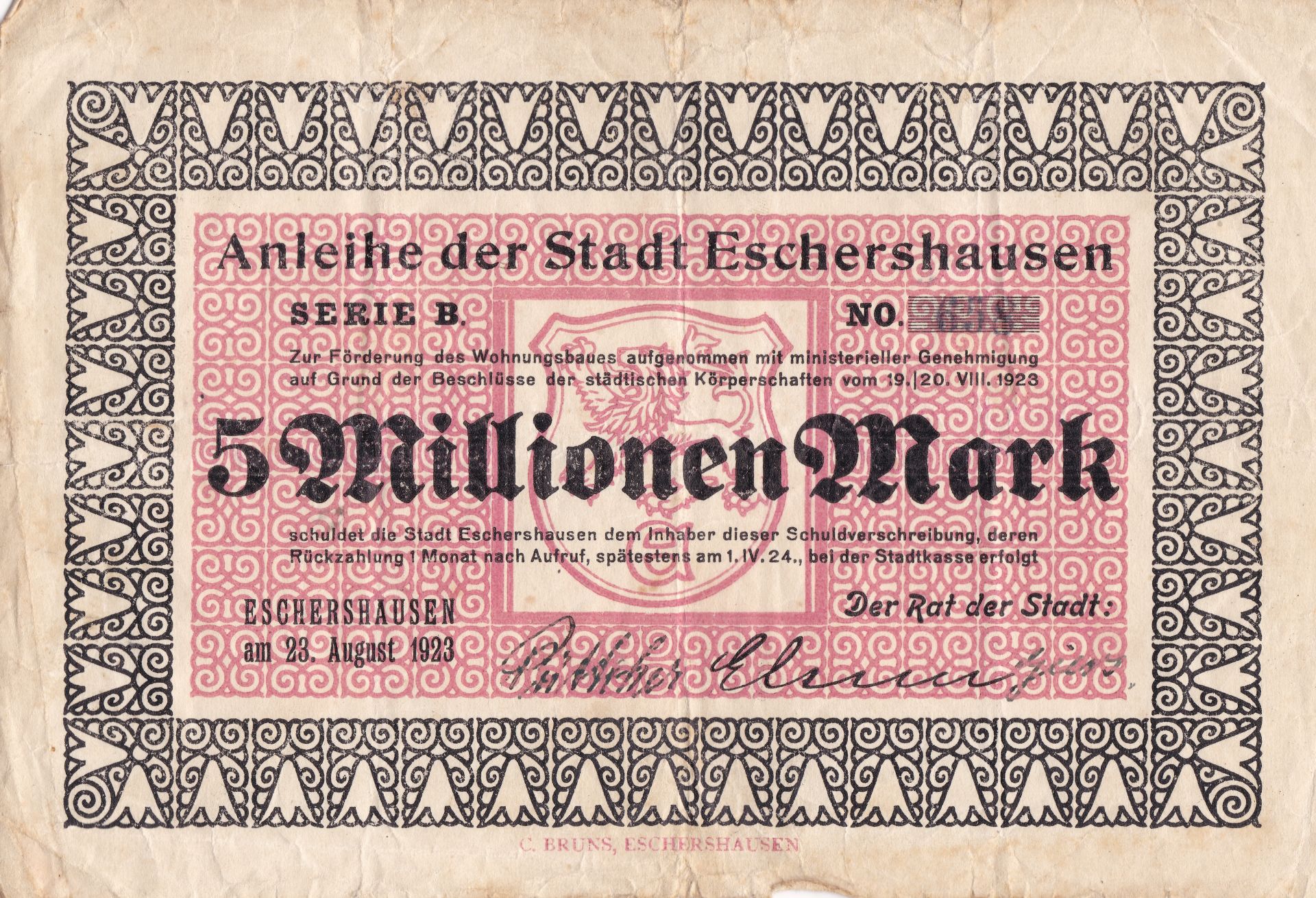 Inflationsgeld der Stadt Eschershausen, Frontseite des 5-Millionen-Mark-Scheins 1923